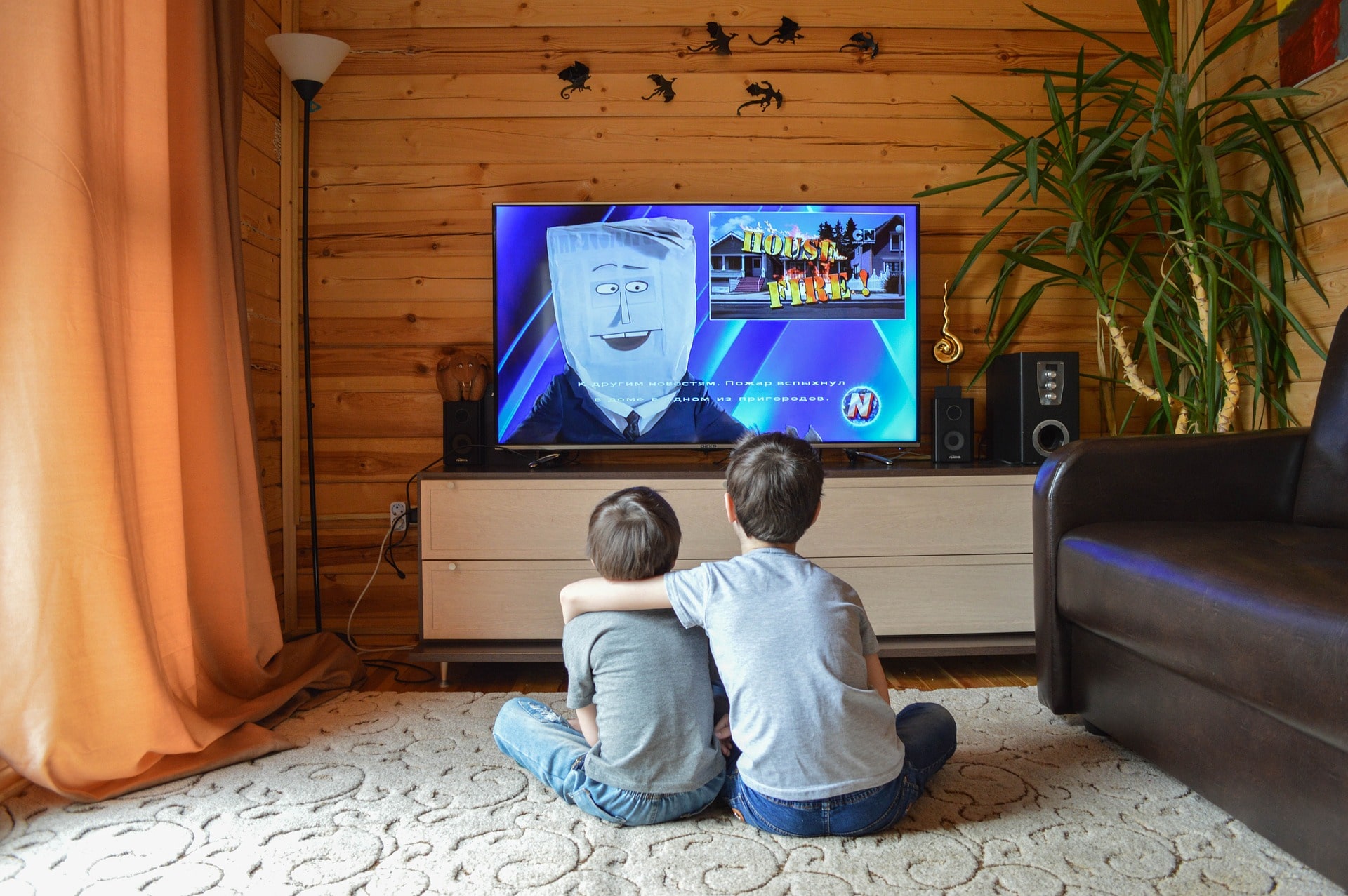 Two brothers watching television together.